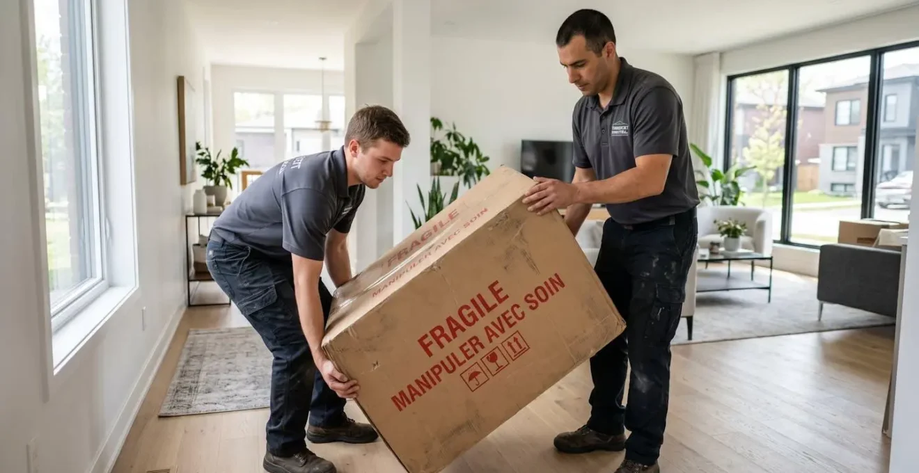Deux déménageurs professionnels transportent ensemble une grande boîte étiquetée fragile dans un intérieur résidentiel lumineux