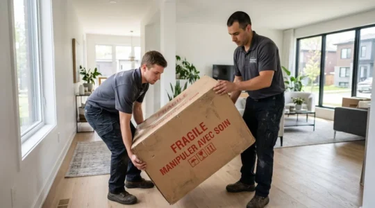 Deux déménageurs professionnels transportent ensemble une grande boîte étiquetée fragile dans un intérieur résidentiel lumineux