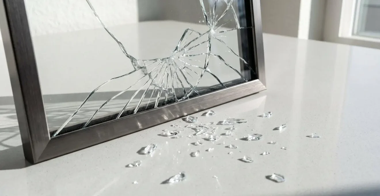 Gros plan sur une fissure dans un cadre photo en verre avec de petits fragments brisés sur une surface claire