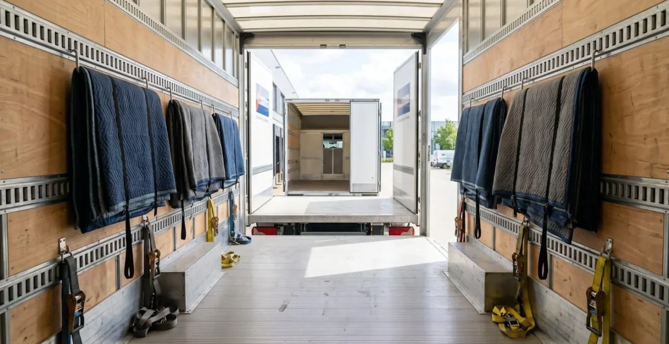Vue intérieure d'un camion de déménagement moderne vide montrant les sangles de sécurité et couvertures protectrices accrochées aux parois