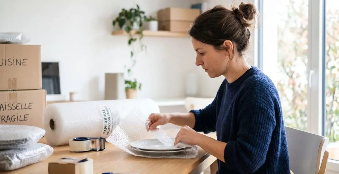Vue de profil d'une personne enveloppant soigneusement une assiette avec du papier bulle, rouleaux de matériaux visibles sur la table