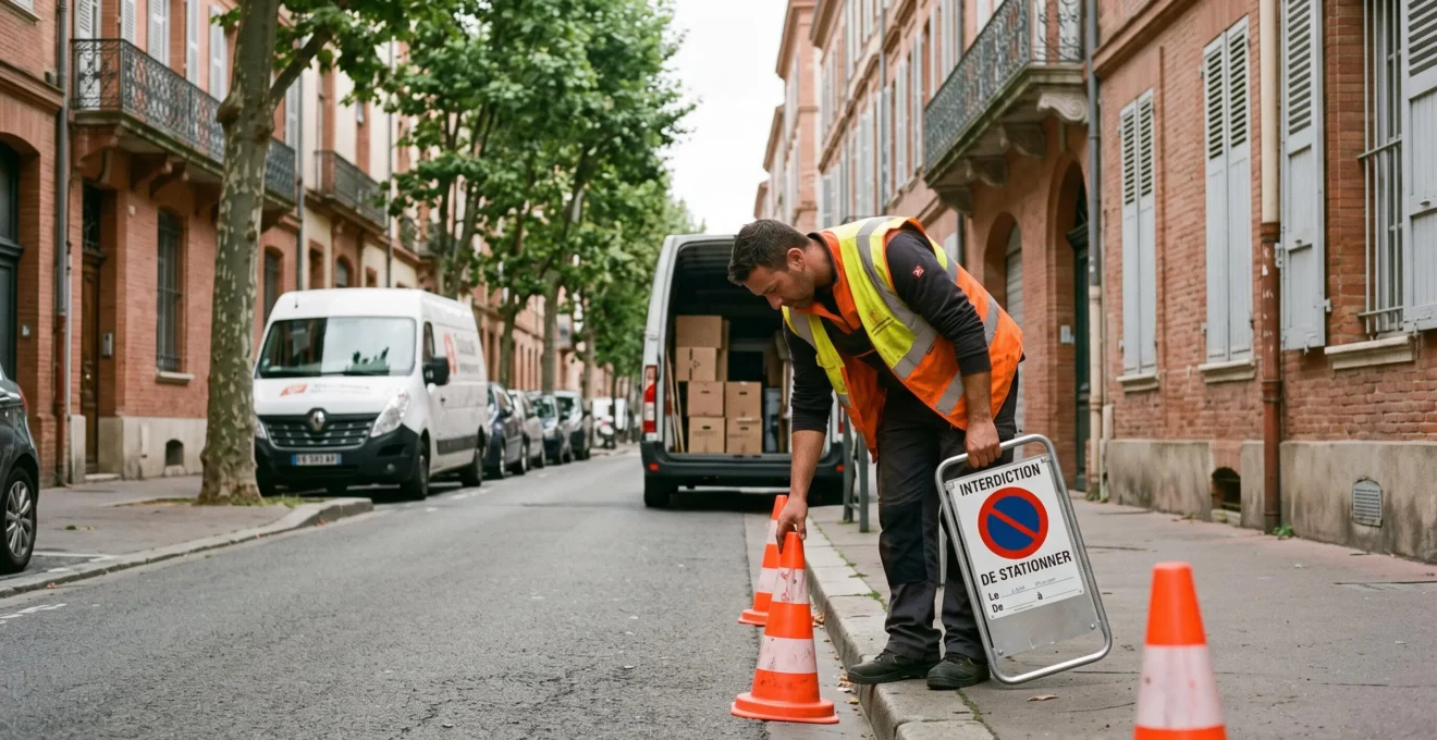 Un déménageur en gilet haute visibilité installant des cônes de signalisation devant un immeuble en brique toulousaine pour réserver le stationnement.