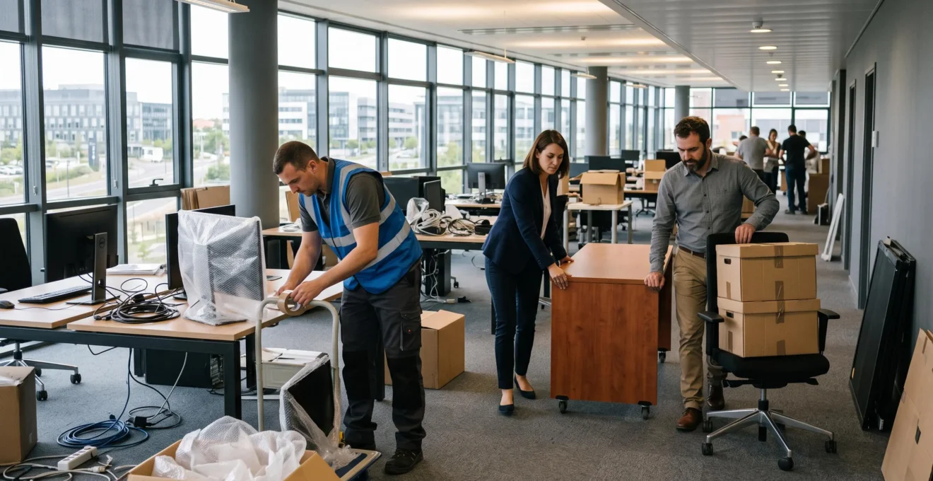 Une équipe vidant un bureau en open space près de Blagnac : manipulation d'écrans emballés, cartons d'archives et mobilier de bureau.
